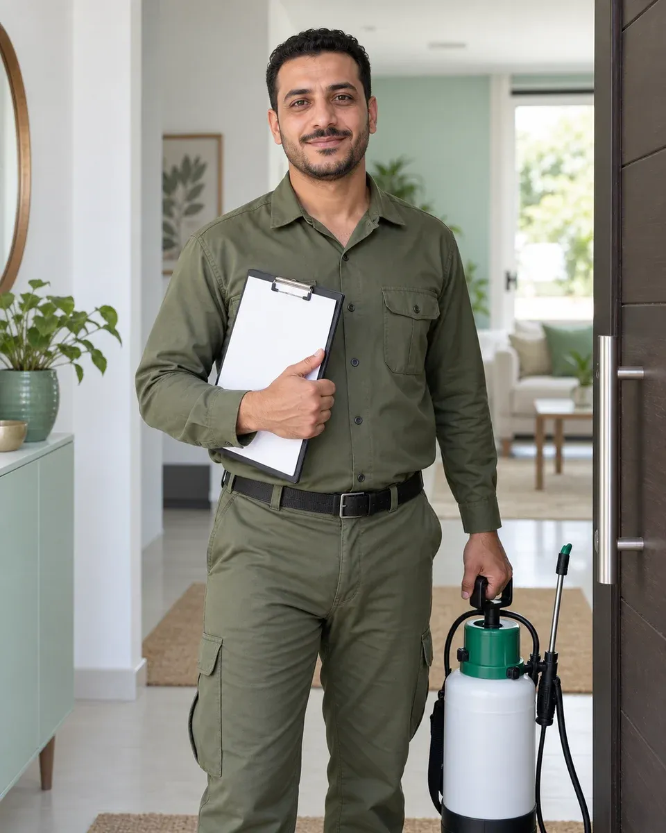 صورة توضيحية لفني بزي زيتوني يحمل لوحة معاينة ومعدة مكافحة عند مدخل منزل