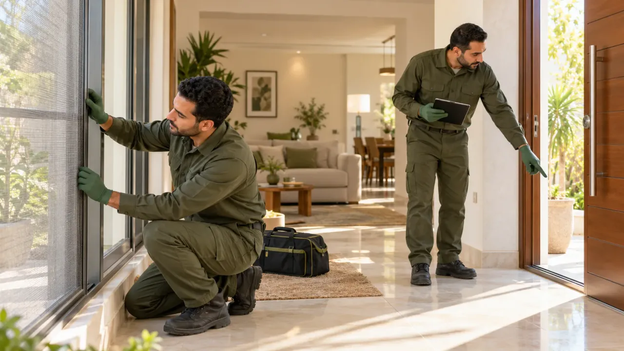 صورة توضيحية لفنيين يعاينان النوافذ والمداخل ضمن فحص شامل للمنزل