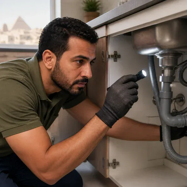 فني يفحص أسفل حوض المطبخ بكشاف